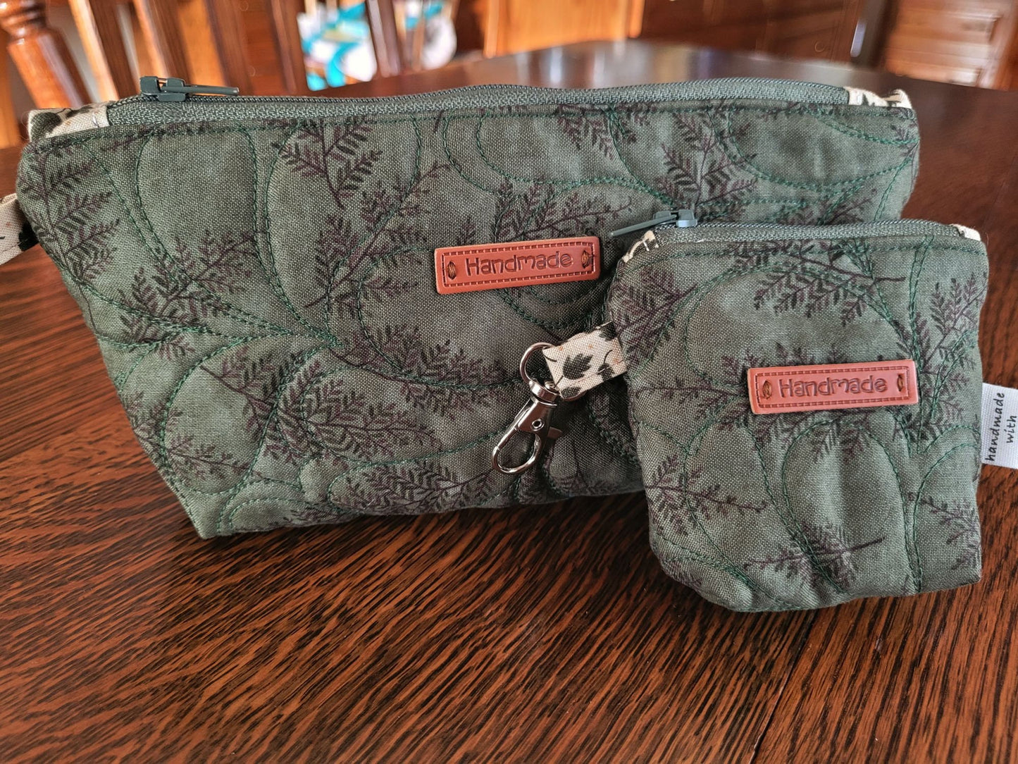 Quilted Cosmetic Bag Set | Forest Green Fern Zipper Pouches | Travel Toiletry Bag | Fabric Pencil Case