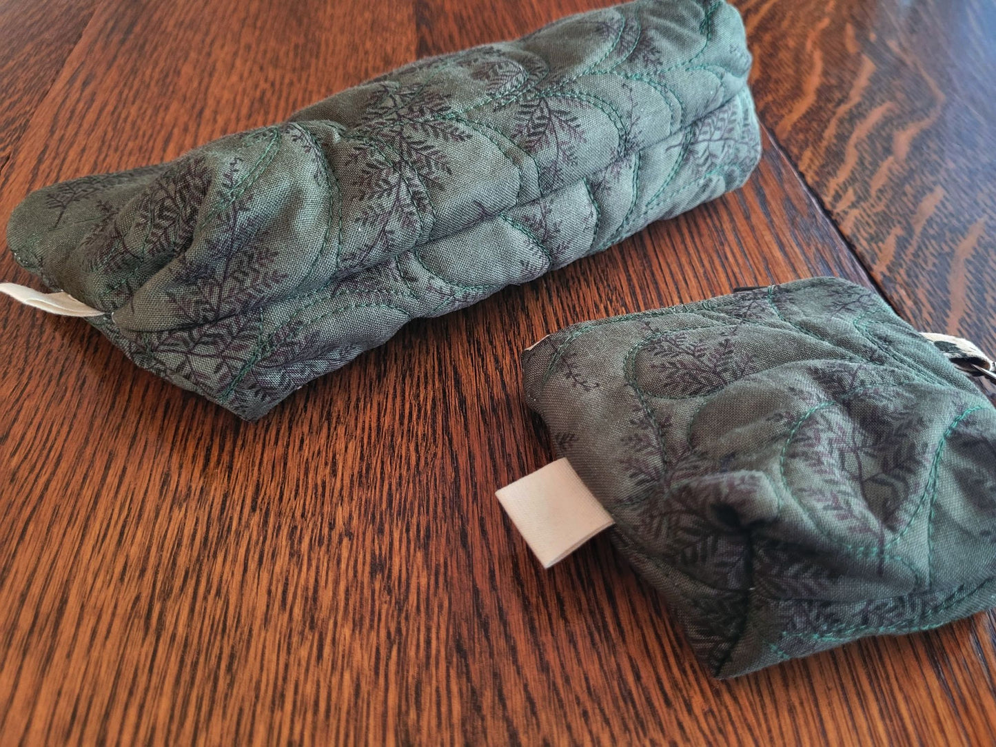 Quilted Cosmetic Bag Set | Forest Green Fern Zipper Pouches | Travel Toiletry Bag | Fabric Pencil Case