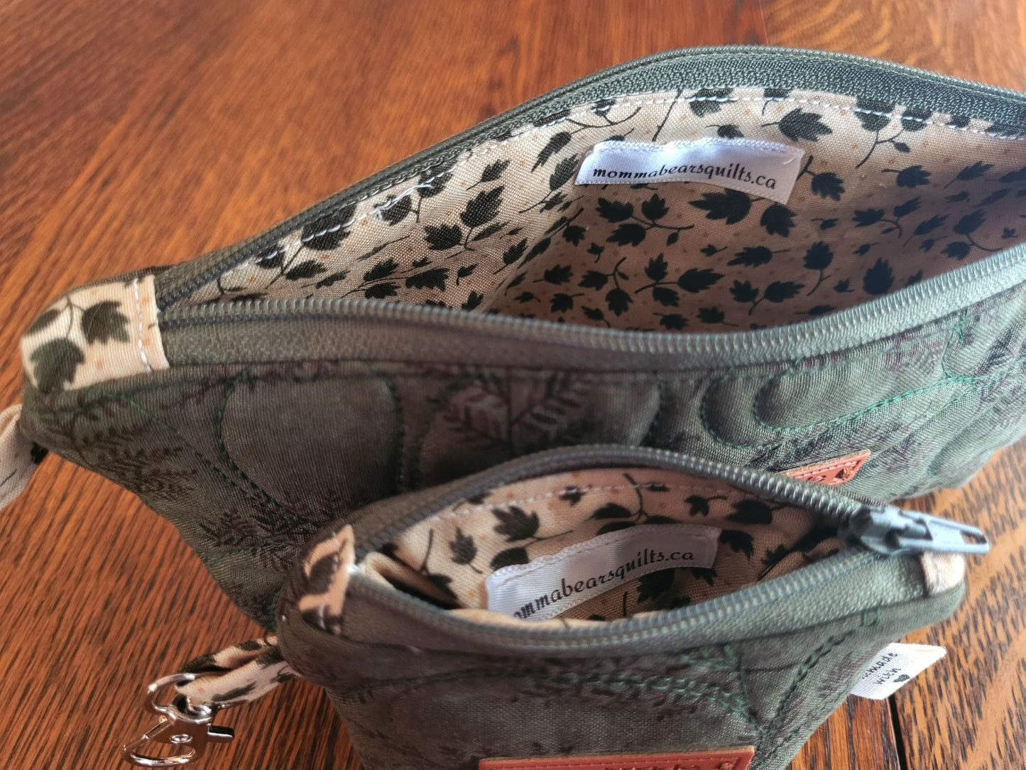 Quilted Cosmetic Bag Set | Forest Green Fern Zipper Pouches | Travel Toiletry Bag | Fabric Pencil Case