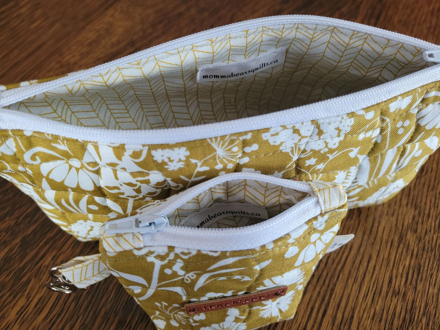 Small Zipper Pouch Set | Quilted Makeup Cosmetic Bag | Travel Toiletry Bag | Mustard Yellow Floral Stash Bag | Fabric Pencil Case