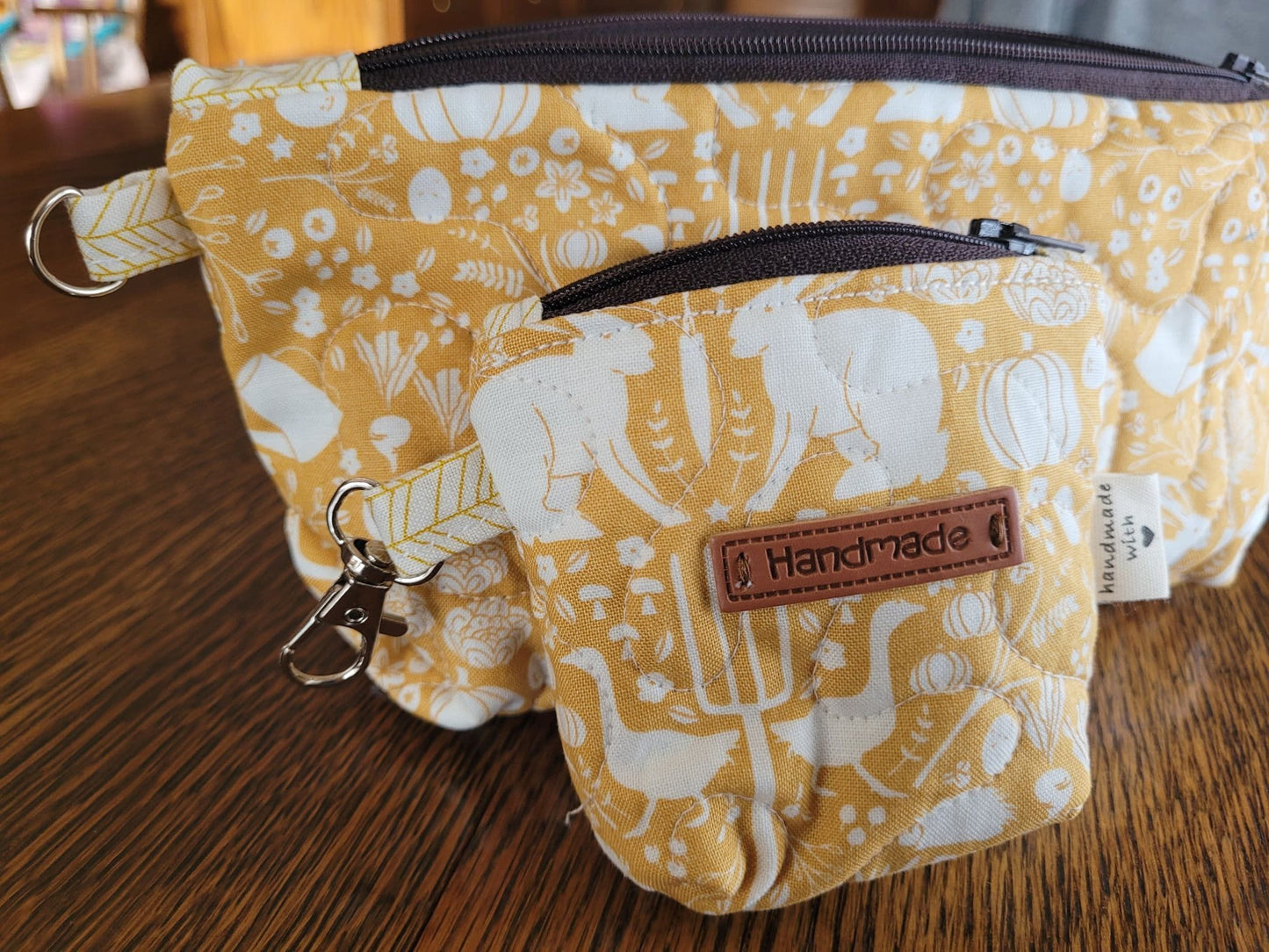 Small Zipper Pouch Set | Quilted Makeup Cosmetic Bag | Travel Toiletry Bag | Yellow Farm Theme Fabric Pencil Case