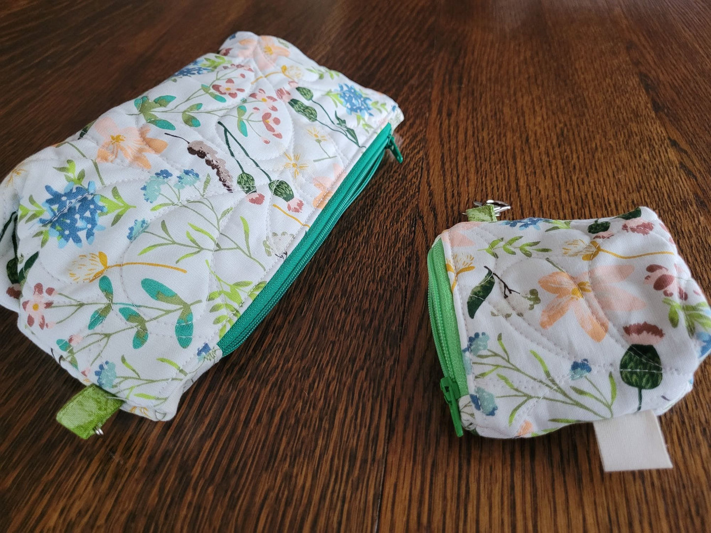 Quilted Cosmetic Bag Set | Cute Travel Toiletry Bag | Small Zipper Pouch | White Floral Stash Bag