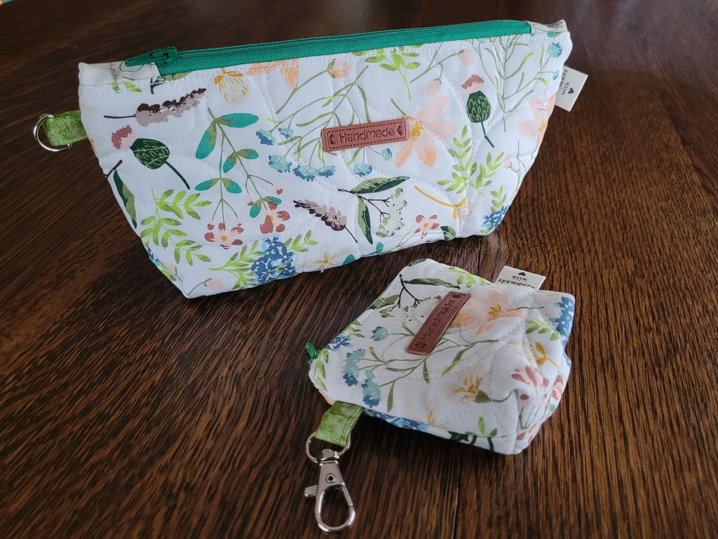 Quilted Cosmetic Bag Set | Cute Travel Toiletry Bag | Small Zipper Pouch | White Floral Stash Bag
