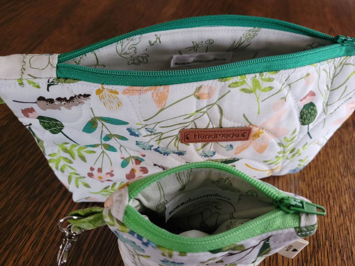 Quilted Cosmetic Bag Set | Cute Travel Toiletry Bag | Small Zipper Pouch | White Floral Stash Bag