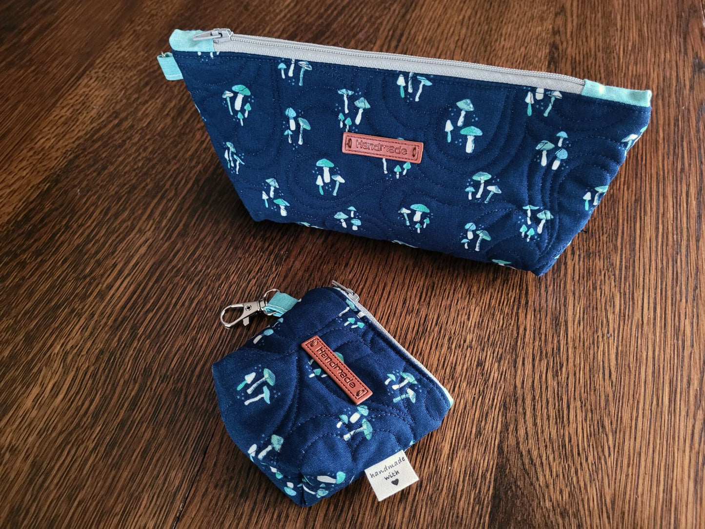 Quilted Cosmetic Bag Set | Cute Travel Toiletry Bag | Small Zipper Pouch | Navy Mushroom Stash Bag
