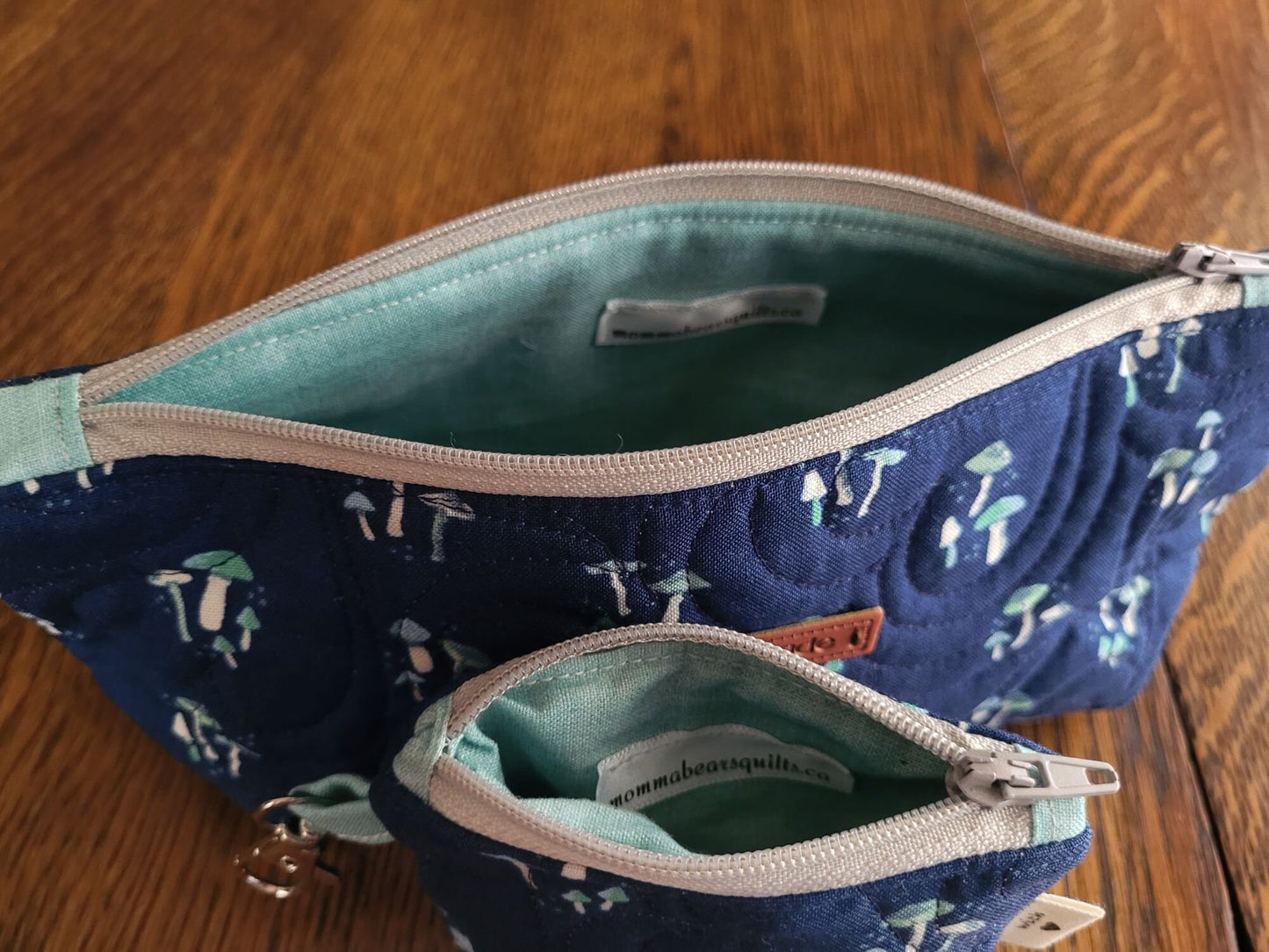 Quilted Cosmetic Bag Set | Cute Travel Toiletry Bag | Small Zipper Pouch | Navy Mushroom Stash Bag