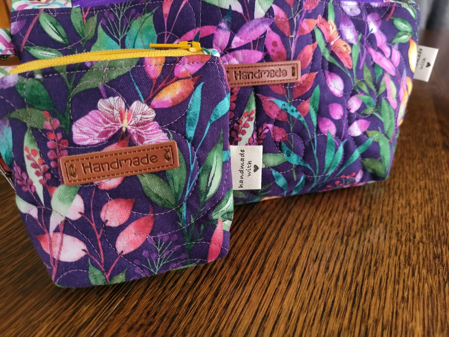 Quilted Cosmetic Bag Set | Cute Travel Toiletry Bag | Small Zipper Pouch | Purple Floral Stash Bag