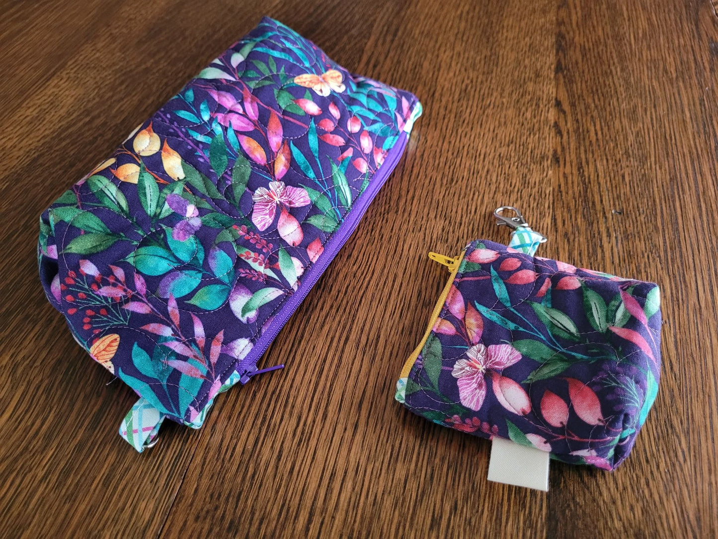 Quilted Cosmetic Bag Set | Cute Travel Toiletry Bag | Small Zipper Pouch | Purple Floral Stash Bag