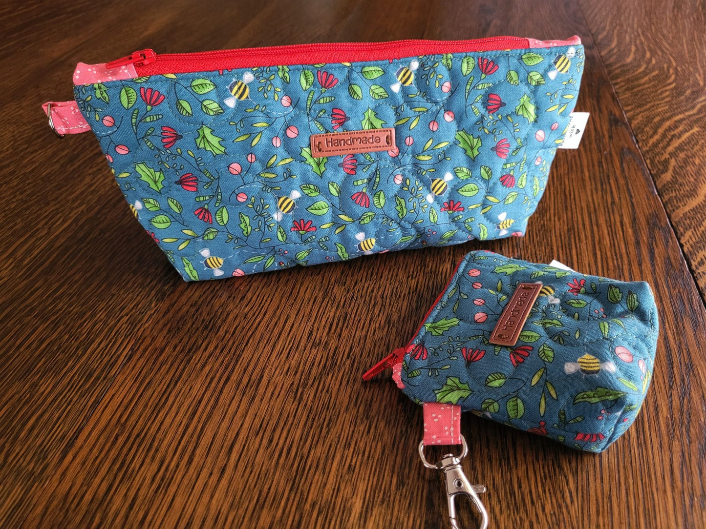 Quilted Cosmetic Bag Set | Novelty Boho Zipper Pouch | Small Teal Green Bee Stash Bag