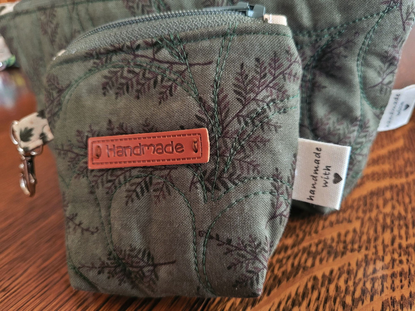 Quilted Cosmetic Bag Set | Forest Green Fern Zipper Pouches | Travel Toiletry Bag | Fabric Pencil Case