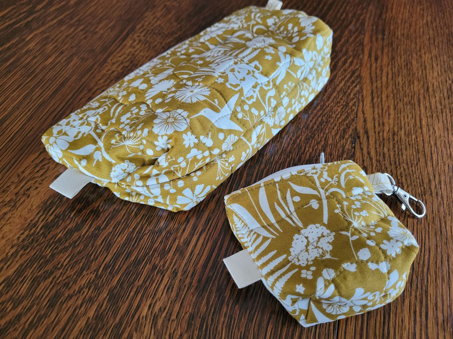 Small Zipper Pouch Set | Quilted Makeup Cosmetic Bag | Travel Toiletry Bag | Mustard Yellow Floral Stash Bag | Fabric Pencil Case
