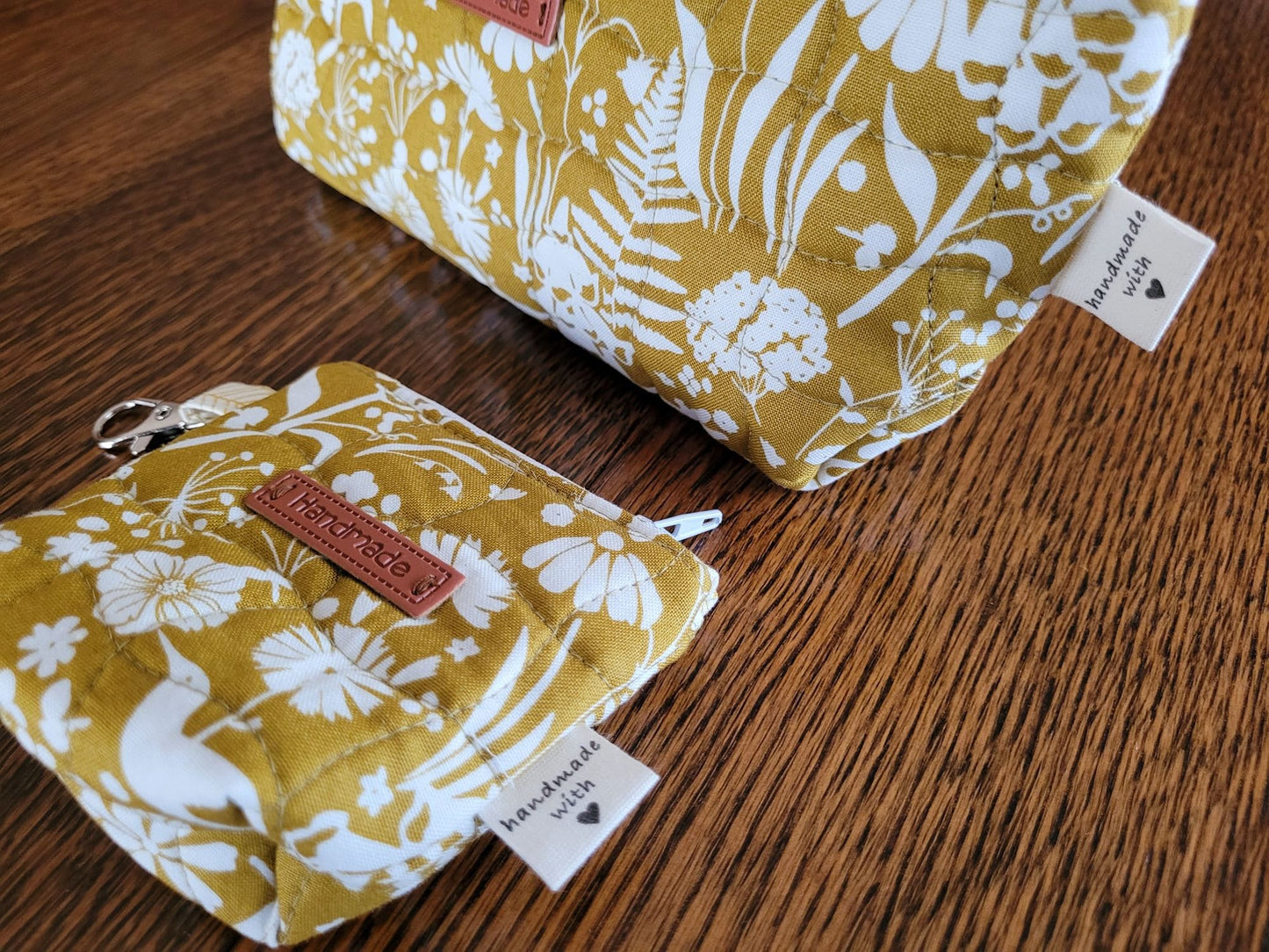 Small Zipper Pouch Set | Quilted Makeup Cosmetic Bag | Travel Toiletry Bag | Mustard Yellow Floral Stash Bag | Fabric Pencil Case