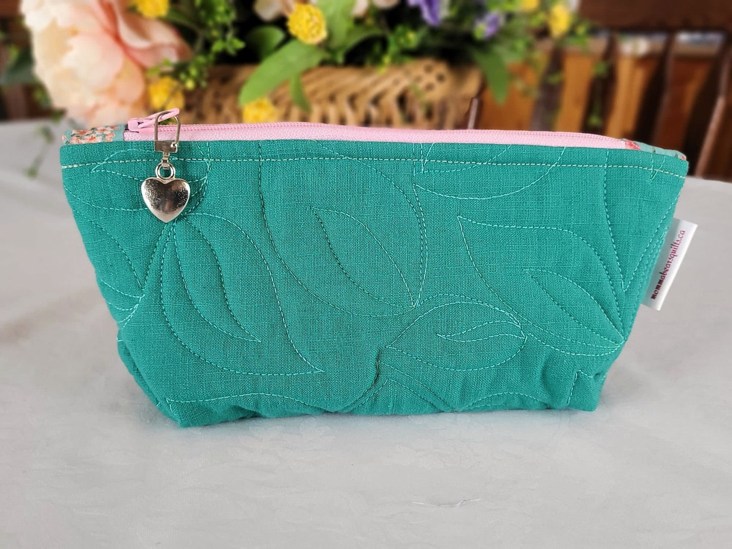 Quilted Zipper Pouch, teal floral