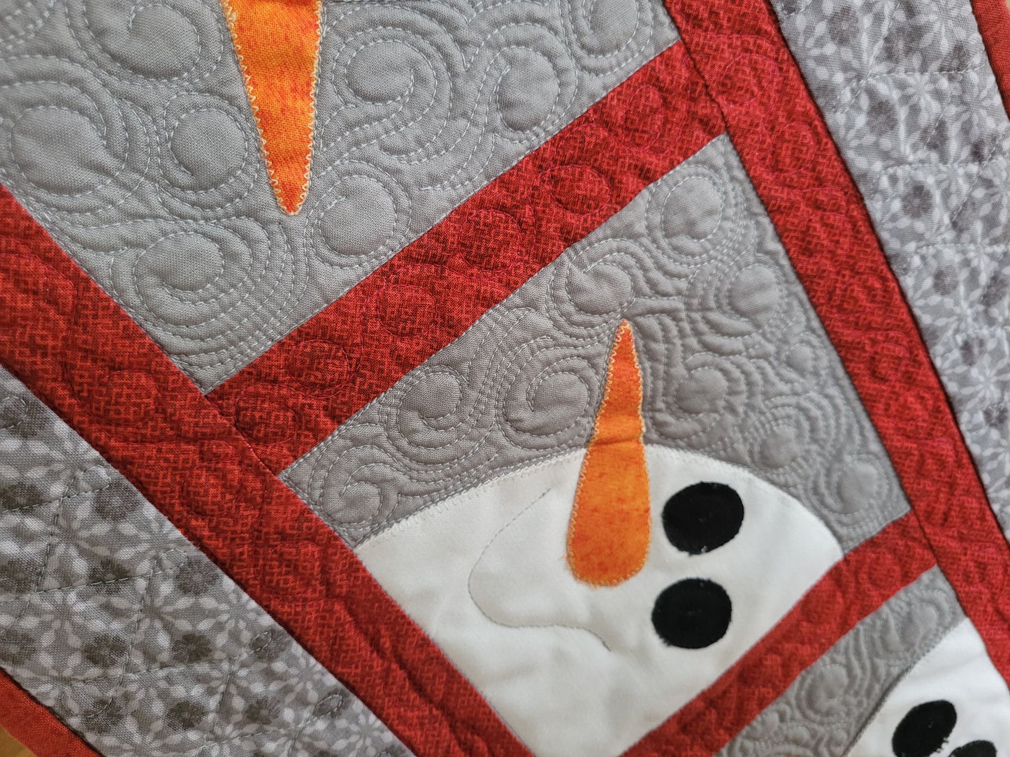Showing close up detail on quilted applique snowman runner.
