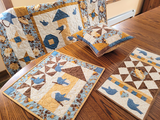Thoughts of Spring Collection by Momma Bears Quilts, includes a throw quilt and pillow, small table runner and a wallhanging.