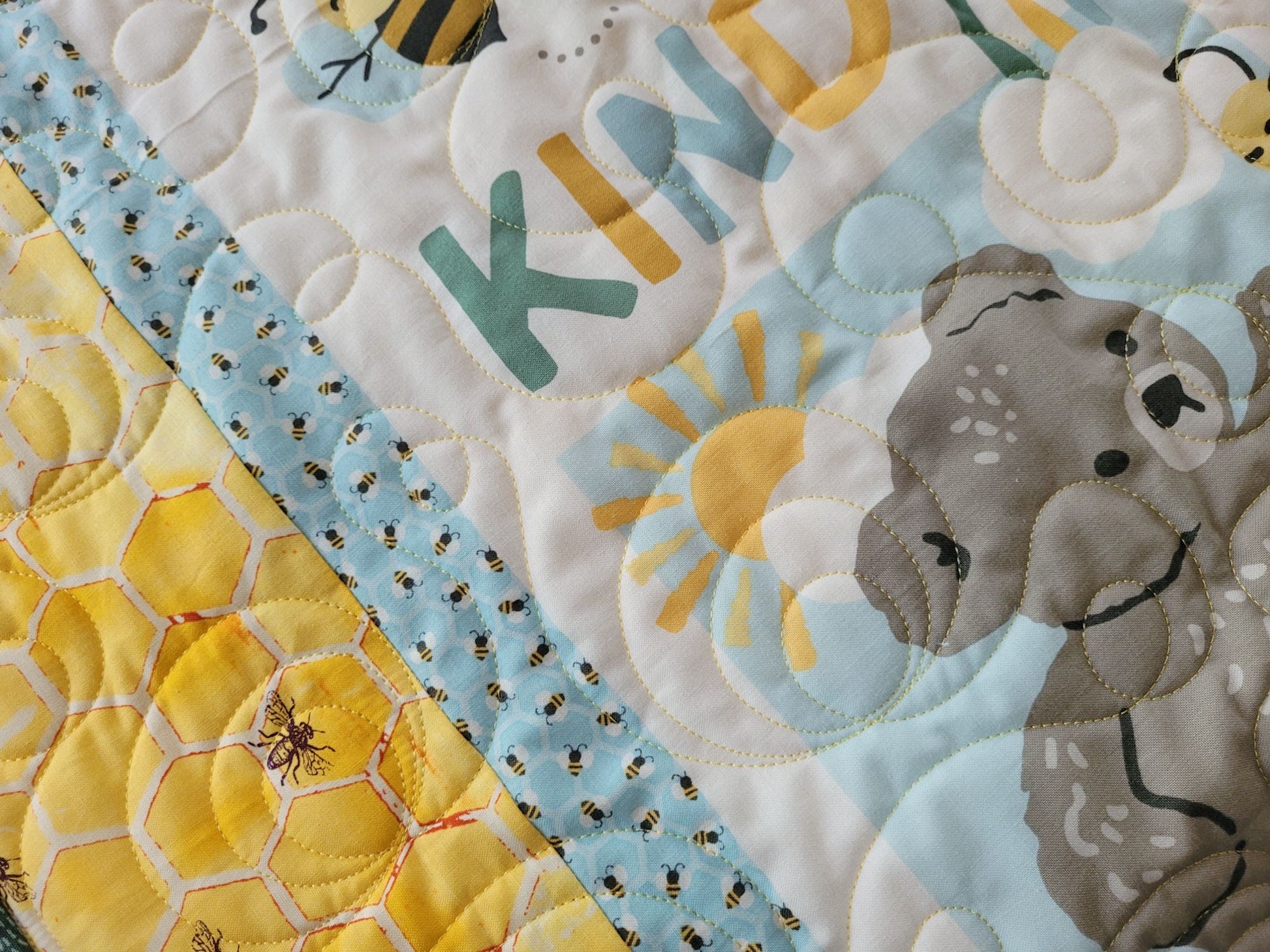 Close up detail of baby quilt borders and stitching.