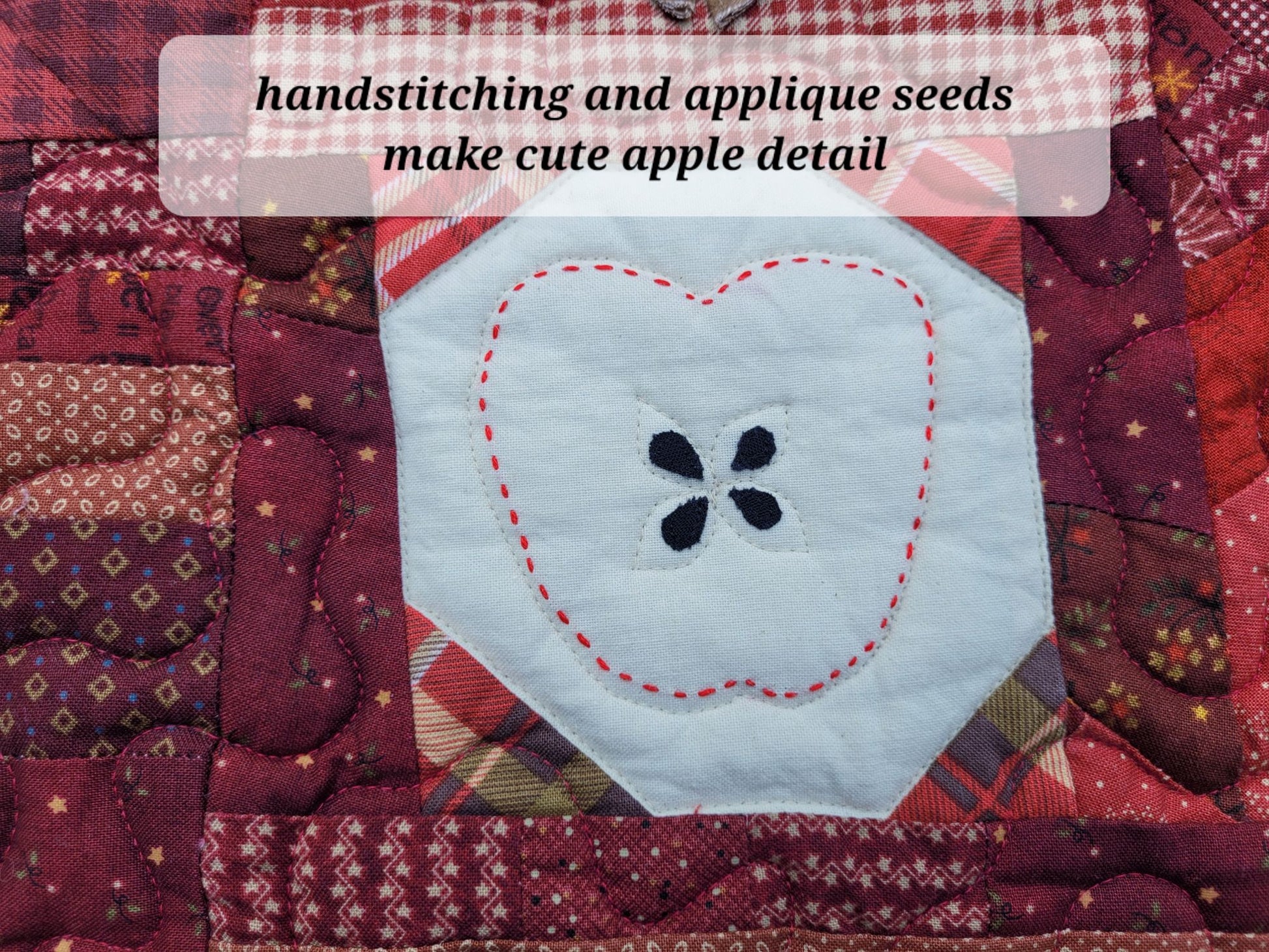 A close-up of a handmade quilted textile featuring a central muslin patch with a red hand-stitched apple outline with four black appliqued seeds. The surrounding fabric is scrappy patchwork in deep reds, burgundy, and plaid patterns.