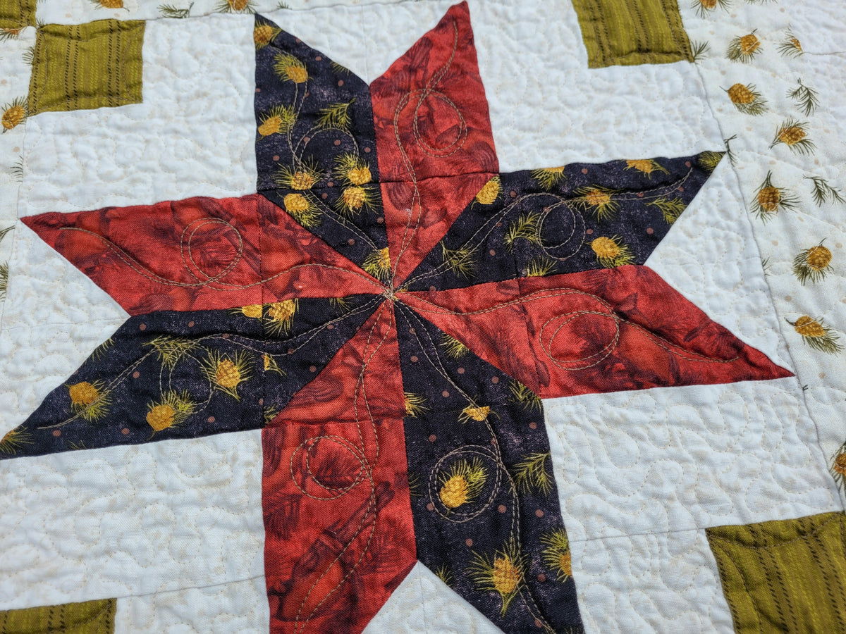 Close up of quilted star showing stitching and fabric designs with pinecones and cardinals.