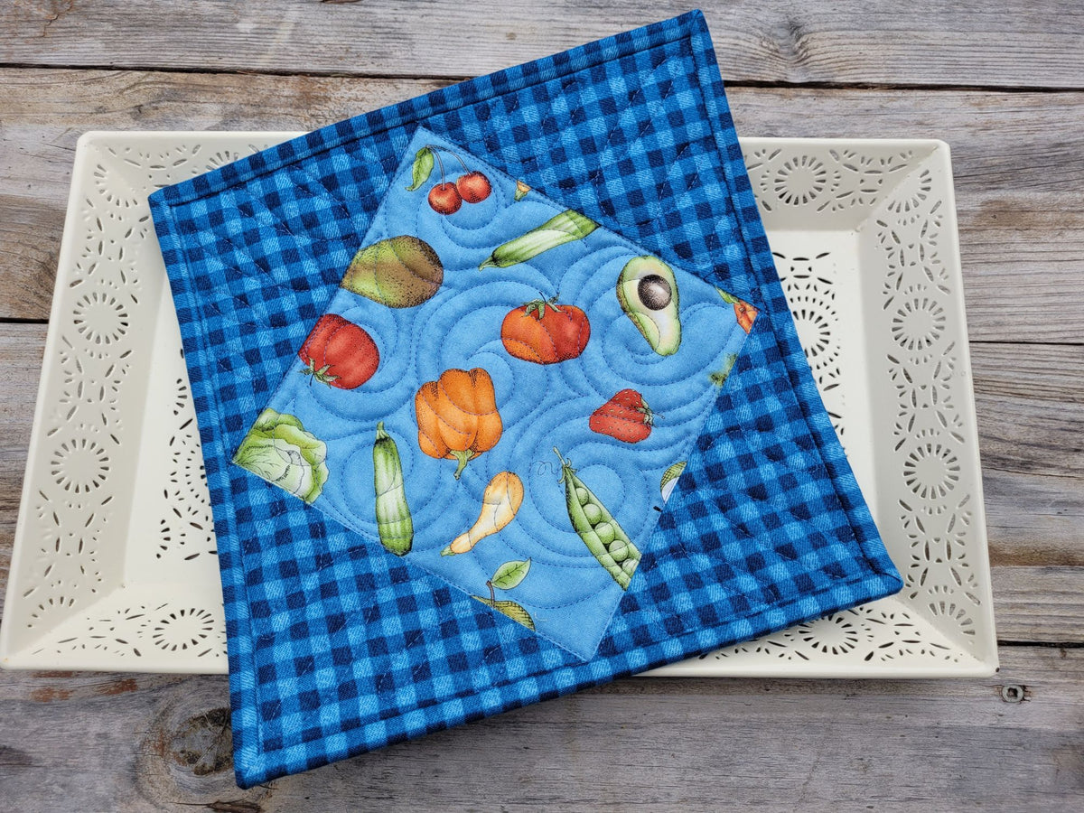 Blue Veggie & Fruit Quilted Potholder
