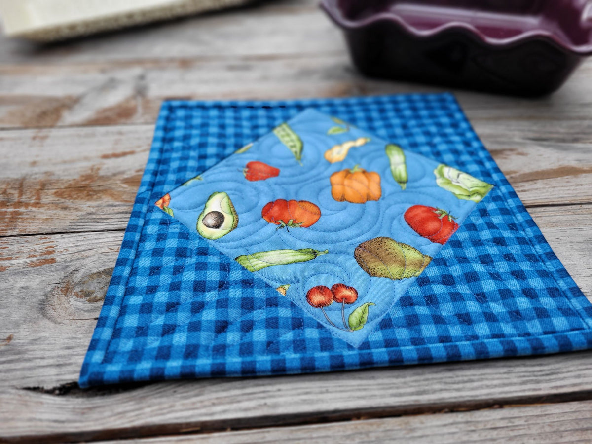 Blue Veggie & Fruit Quilted Potholder