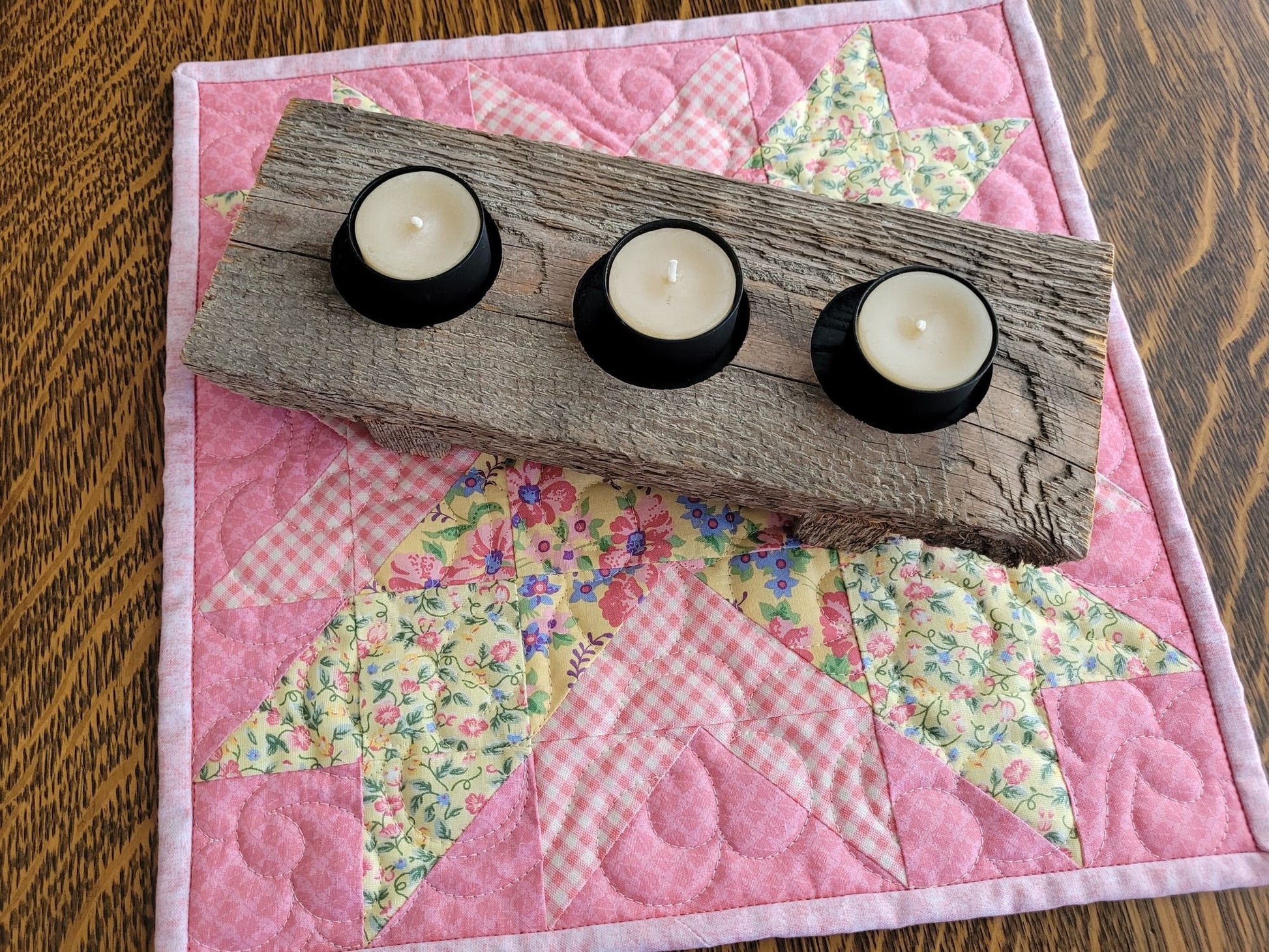 Handmade Mothers Day Gift Set, Mini Quilt, Tea Light Candles & Wooden Holder