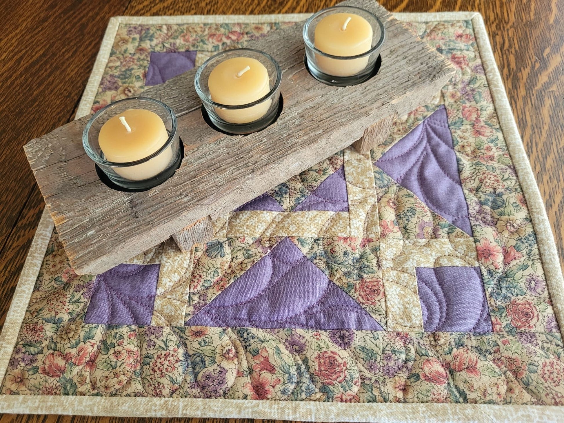 Handmade Mothers Day Gift Set, Mini Quilt, Tea Light Candles & Wooden Holder