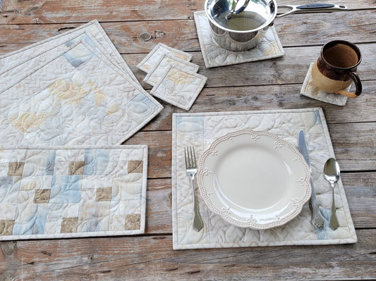 neutral placemat gift set with coasters, hot mat and runner