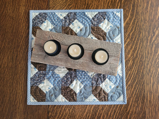 Handmade Mothers Day Gift Set, Mini Quilt, Tea Light Candles & Wooden Holder