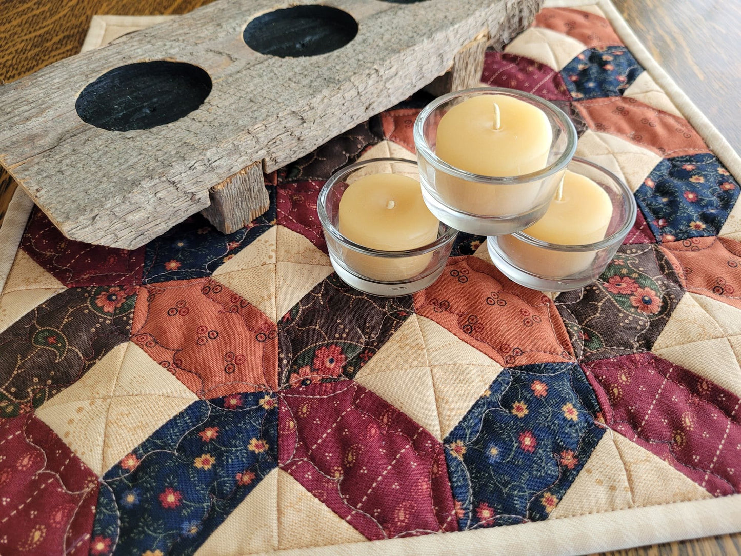 Handmade Mothers Day Gift Set, Mini Quilt, Tea Light Candles & Wooden Holder