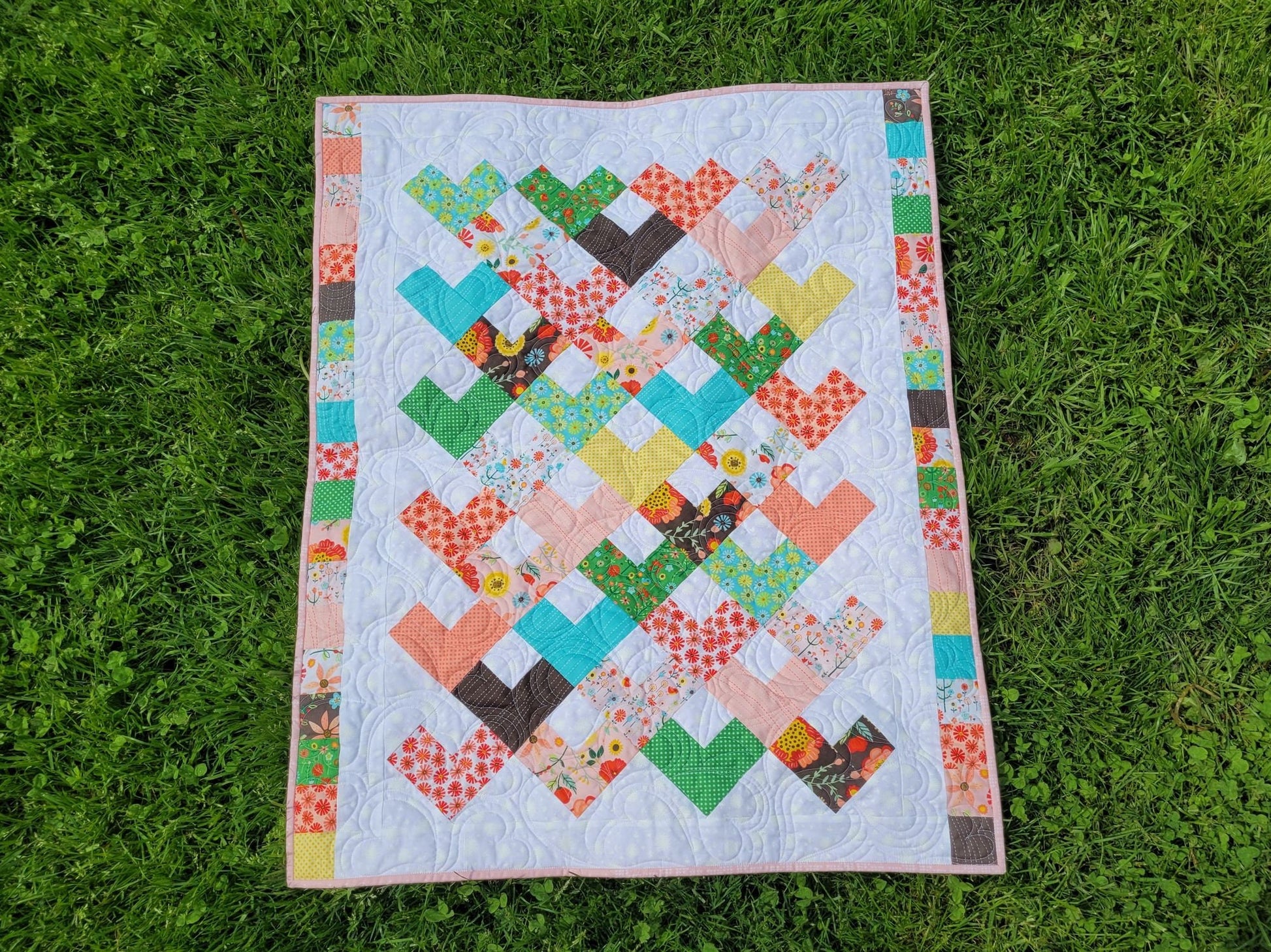 Soft Pink Baby Girl Quilted Blanket in Scrappy Patchwork Hearts