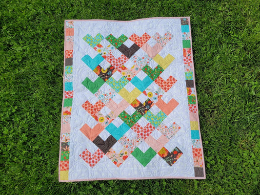 Soft Pink Baby Girl Quilted Blanket in Scrappy Patchwork Hearts