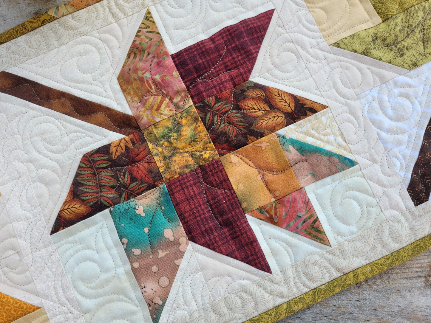 quilted table runner with fall leaves