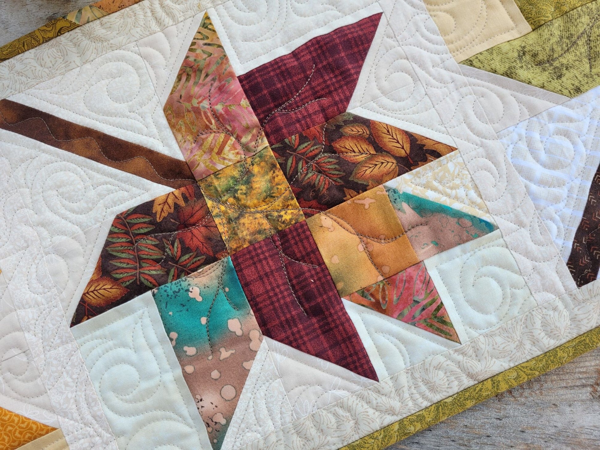quilted table runner with fall leaves