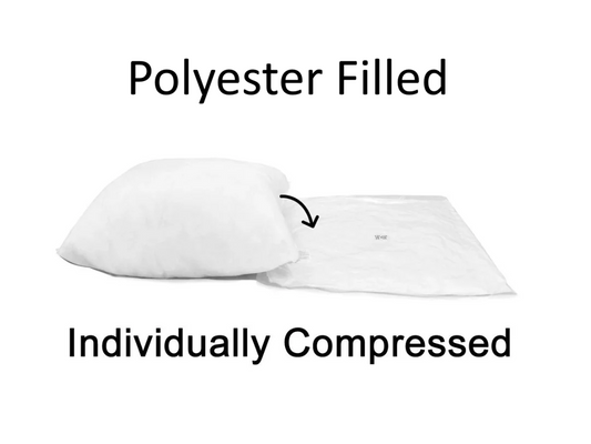 Polyester filled, individually compressed pillow forms