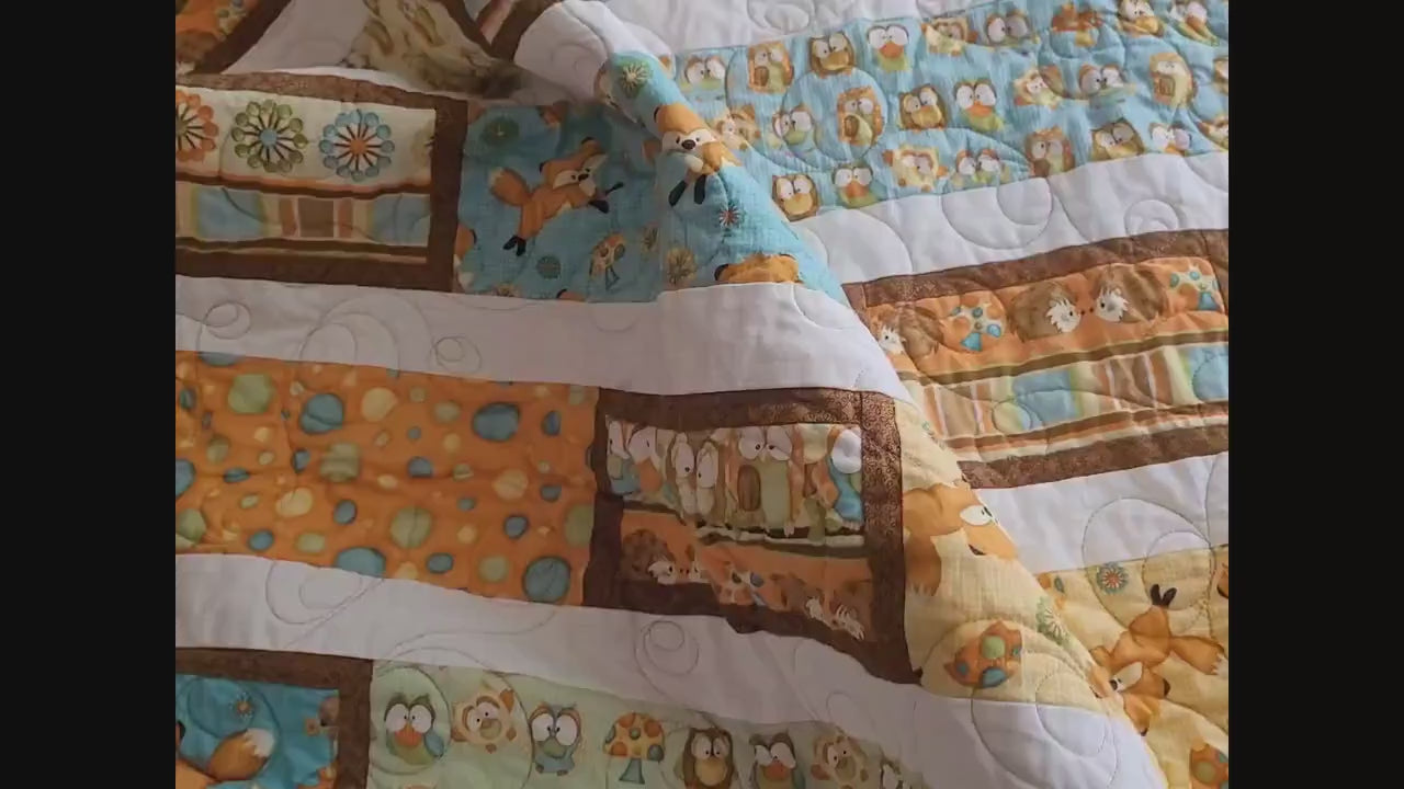 Woodland Toddler Bed Quilt, Cotton Patchwork Crib Blanket