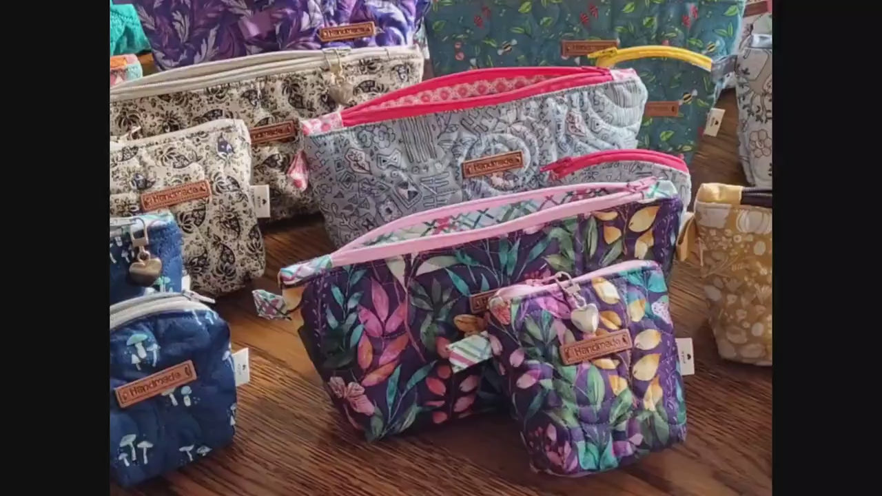 Quilted Cosmetic Bag Set | Cute Travel Toiletry Bag | Small Zipper Pouch | Purple Floral Stash Bag