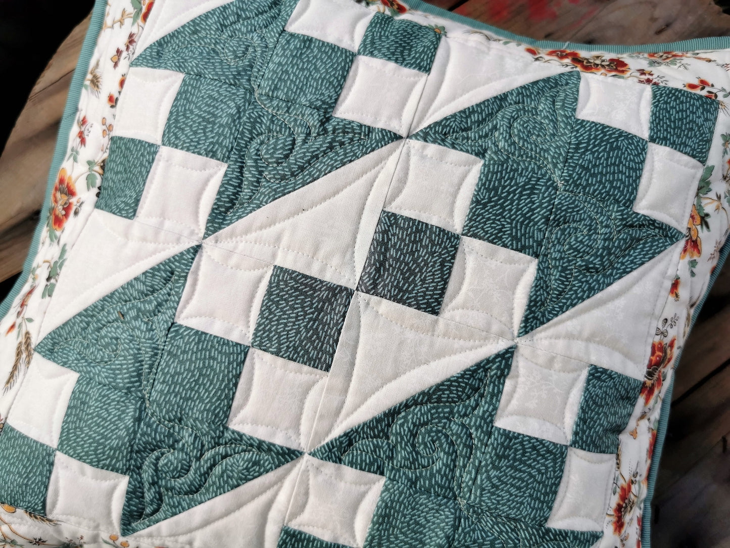 Quilted Throw Pillow, Teal Patchwork Cushion, 16 inch square