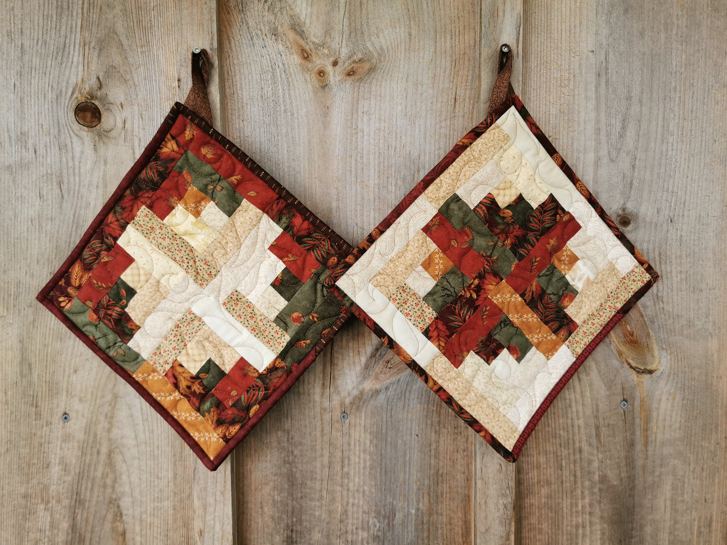 Large Patchwork Potholders | Kitchen Hot Mats | Log Cabin Quilted Trivet