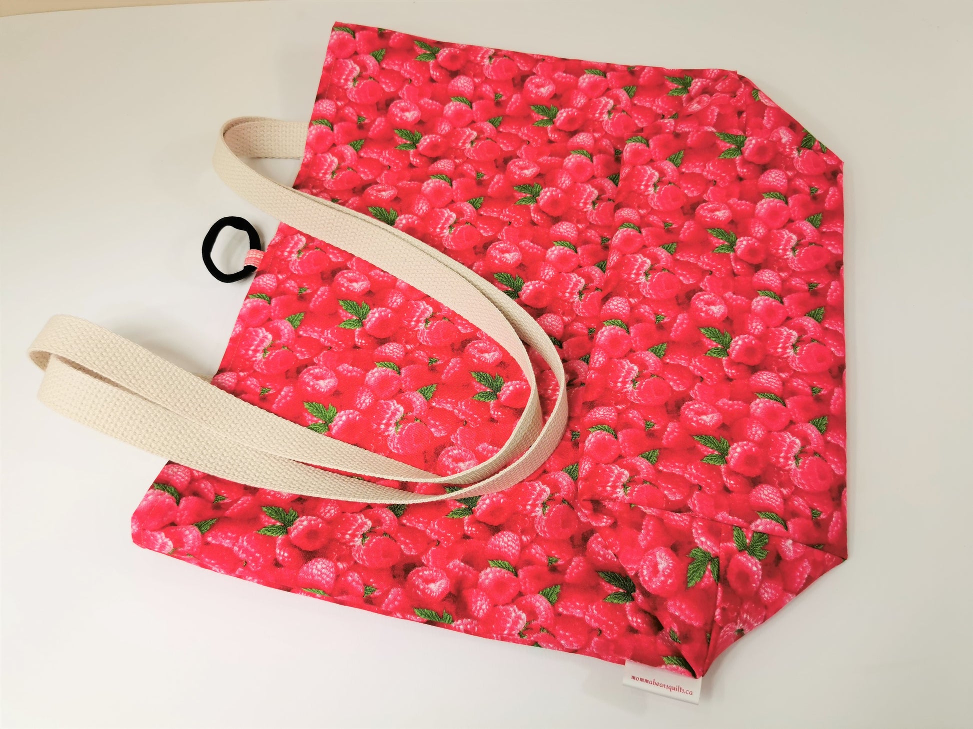 basic tote bag, large reusable cotton shopping bag, compact for purse, sturdy with two layers of fabric, pink raspberry theme fabric