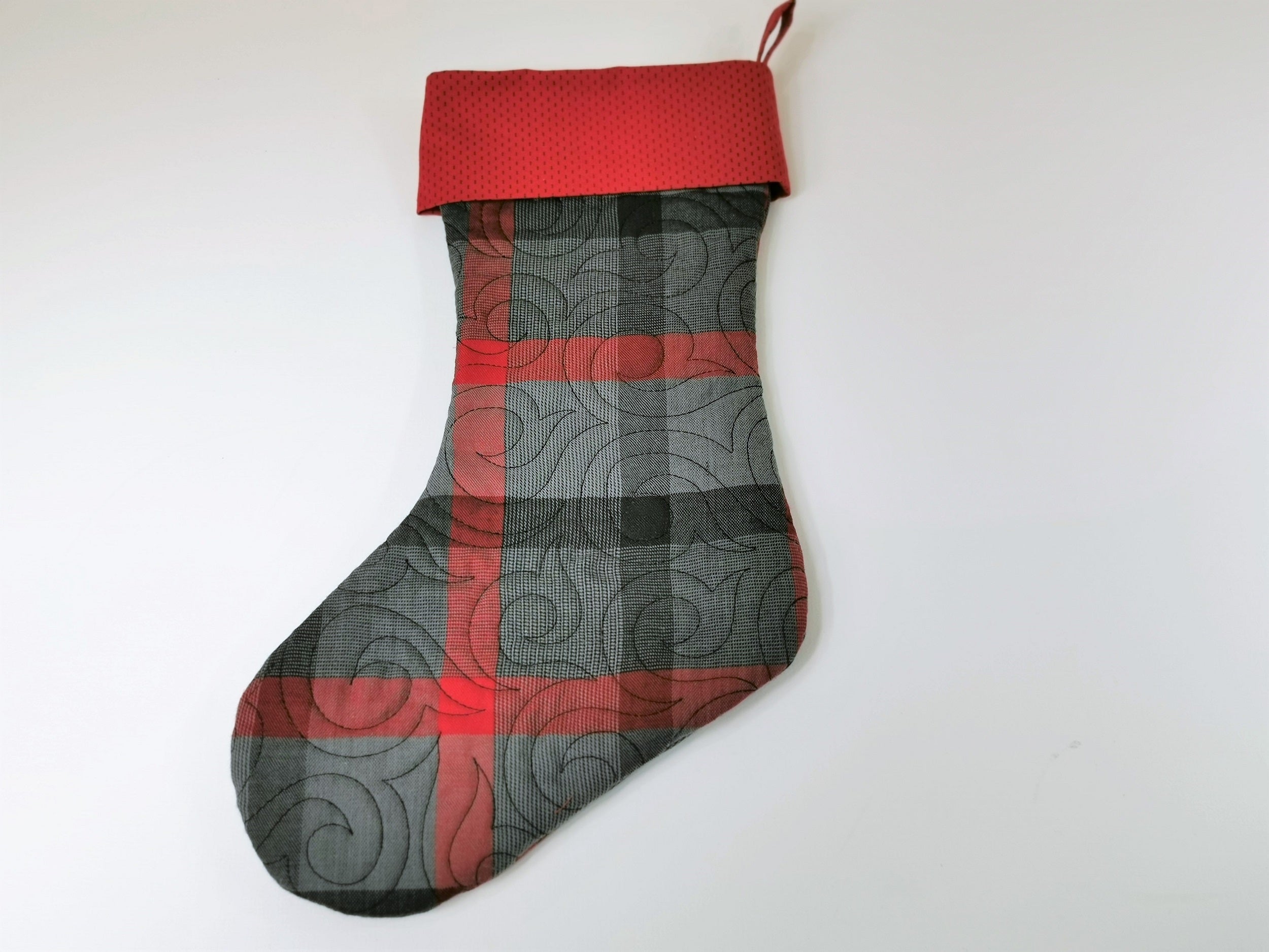 quilted christmas stocking in large scale, gray and red plaid with red cuff