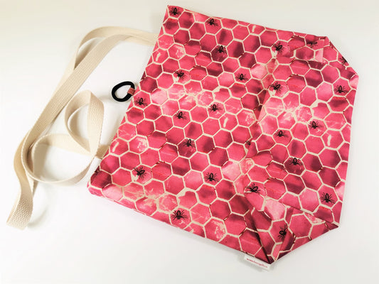 pink bee tote bag, reusable cotton shopping bag, compact for purse, sturdy with two layers of fabric