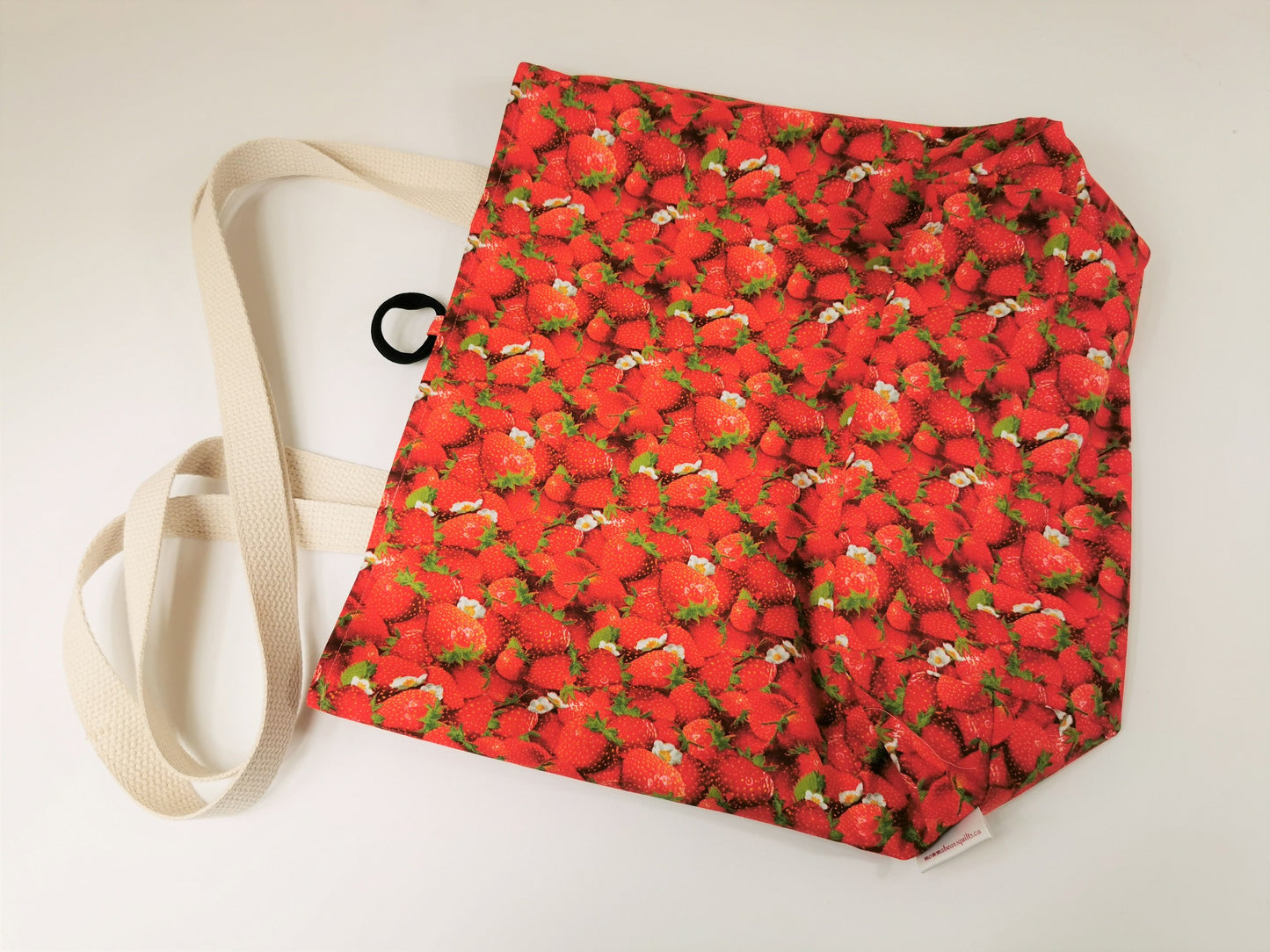 basic tote bag, large reusable cotton shopping bag, compact for purse, sturdy with two layers of fabric, strawberry fabric