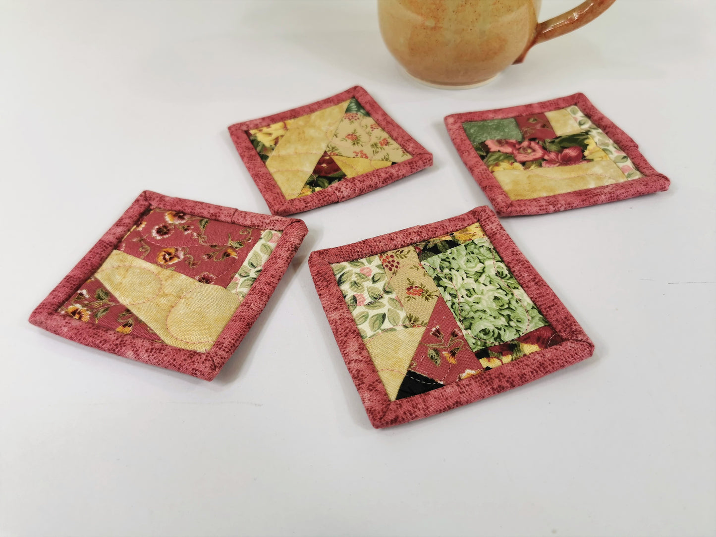 Pink Fabric Coaster Set, Crazy Quilt Mug Rugs