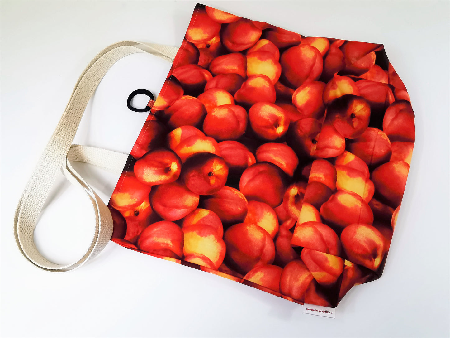basic tote bag, large reusable cotton shopping bag, compact for purse, sturdy with two layers of fabric, nectarine or peach theme fabric