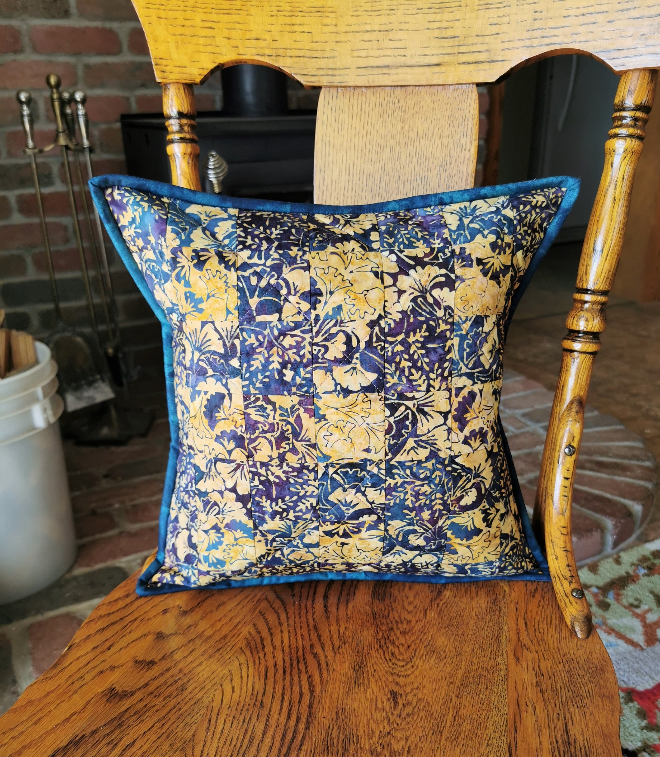 Quilted Throw Pillow in Blue & Purple Batiks, 14 inches square