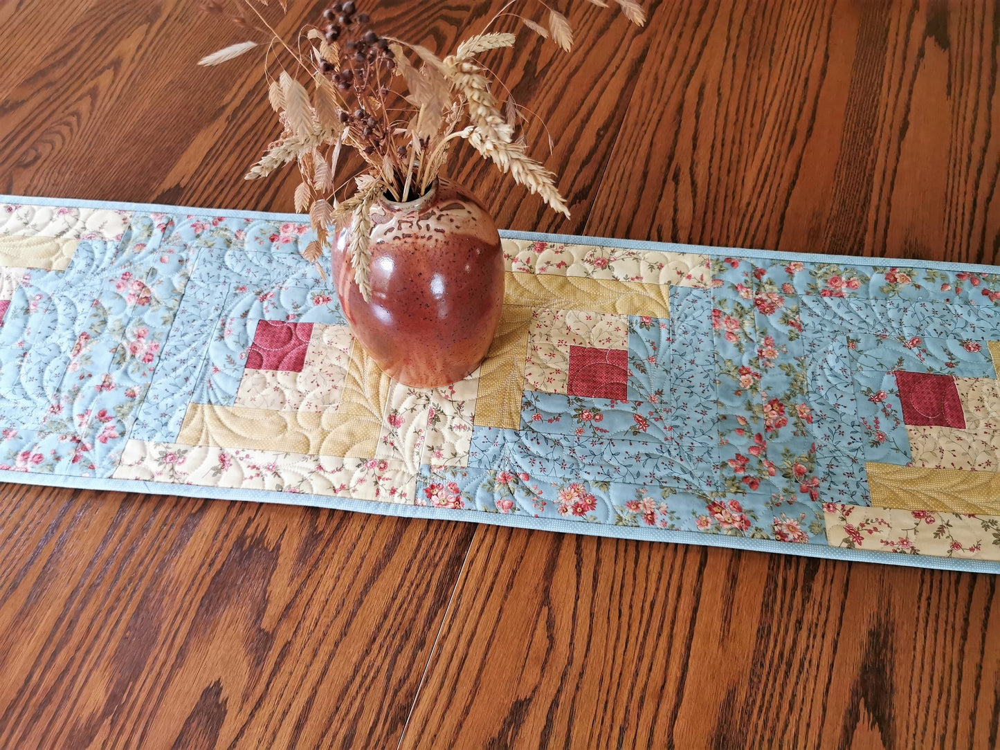 Log Cabin Quilted Table Runner in Teal and Yellow Florals