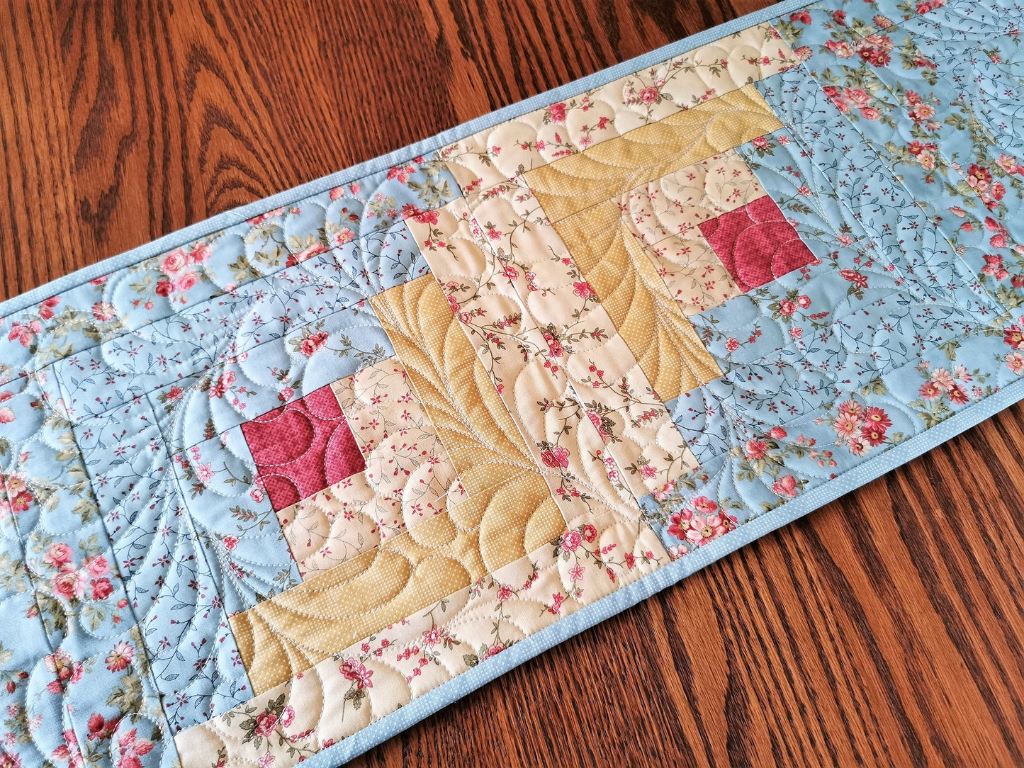 Log Cabin Quilted Table Runner in Teal and Yellow Florals
