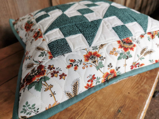 Teal Patchwork Pillow with Floral Border, 14 inch square Throw Cushion