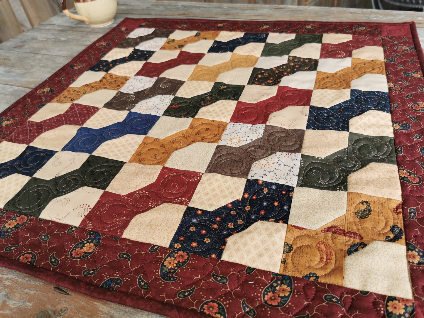 Square Quilted Table Runner, Bowtie Patchwork Scrap Quilt