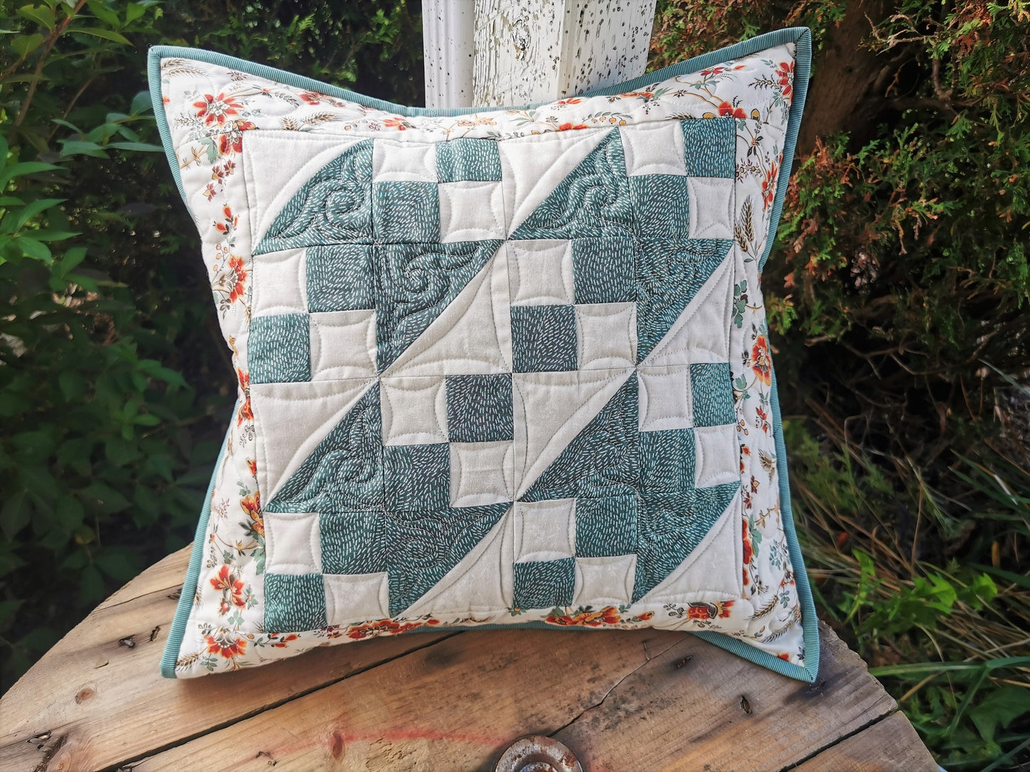 Quilted Throw Pillow, Teal Patchwork Cushion, 16 inch square